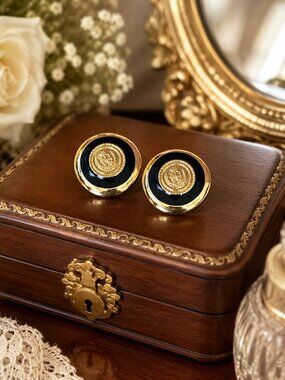 Vintage LCI Black Enamel Gold Tone Crest Leverback Earrings 1”